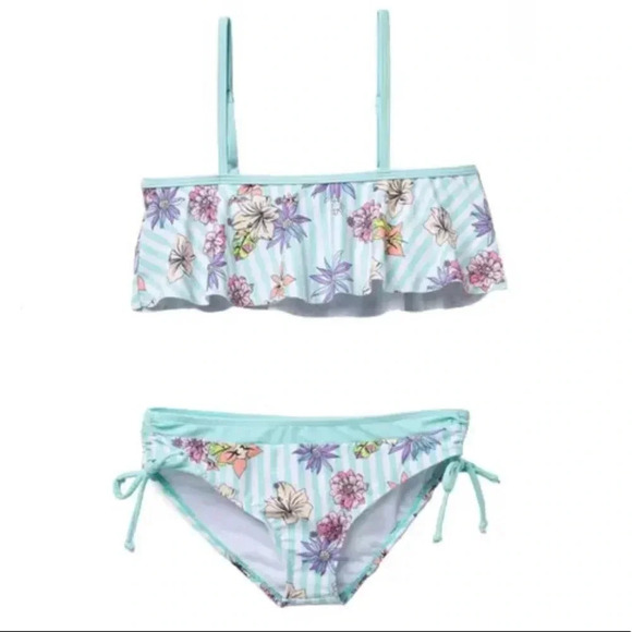 Limeapple Striped Floral Flounce Bikini Girls Size 16 - Picture 7 of 8